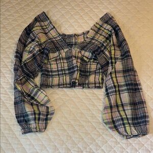 Free People Plaid Long Sleeve Crop Top